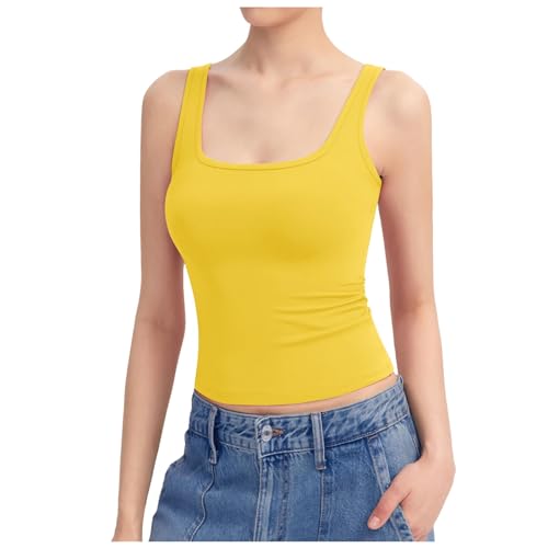 Damen Unterhemden | Einfarbiges Breiter Riemen Cami Tanks Unterhemd ärmellose Weste Tops Sommer Basic Tshirts Slim-Fit Oberteil (008h Gelb, M) von SKFLABOOF