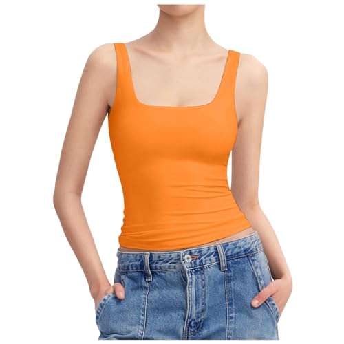 Damen Unterhemden | Einfarbiges Breiter Riemen Cami Tanks Unterhemd ärmellose Weste Tops Sommer Basic Tshirts Slim-Fit Oberteil (014n Orange, M) von SKFLABOOF