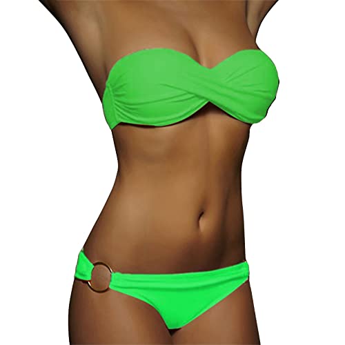 Damen Zweiteiliger Badeanzug | Twist Front V Ausschnitt überkreuztes Bikini Bademode Bauchkontrolle Bauchweg Bikini Sets Push Up High Waist Bikini-Sets (004c Green, M) F von SKFLABOOF