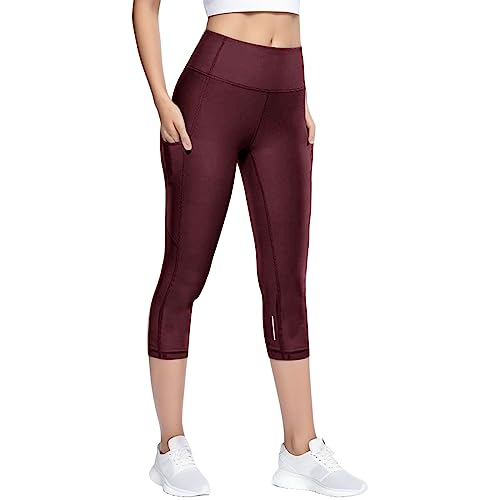 Jeggings Damen 7/8 Länge | Leggings Elegant Sommer Kurz Radler Lässige High Dreiviertel Hose Knielange Laufkleidung Fitness Sommerhose Leicht (Wein, XL) von SKFLABOOF