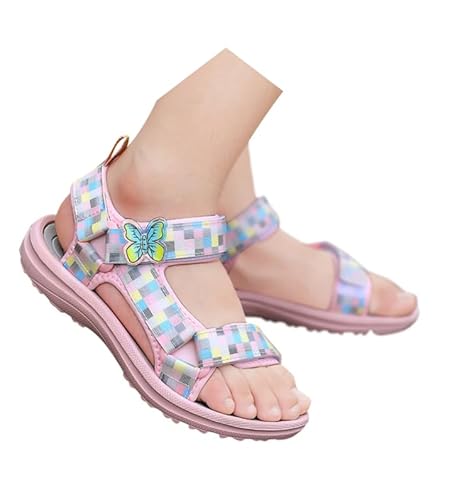 Kinder Sandalen Mädchen - Barfuß Sandalen für Mädchen Slingback Leicht Sommer Strandsandalen Sommerschuhe Leder Blumen rutschfeste Sandaletten Schuhe 002a Rosa, 29 EU von SKFLABOOF