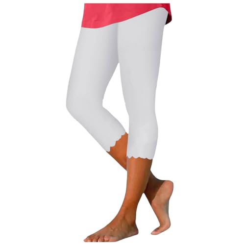 Leggings-Damen-High-Waist | Damen Einfarbig Sommer Sporthose 3/4 Stretch Hose Yogahose Blickdicht Leggins mit Bauchkontrolle für Sport Yoga Gym Elegant Dreiviertelhose (02 Weiß, M) F2 von SKFLABOOF