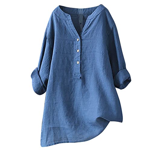 Musselin Bluse Damen - Elegant Tshirt V-Ausschnitt Leinenbluse mit Knöpfen Sommer Hemdbluse Baumwolle Oversize Oberteile Leinenhemd Langarmshirt 001b blau, XL von SKFLABOOF