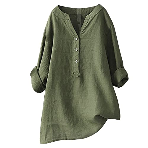 Musselin Bluse Damen - Elegant Tshirt V-Ausschnitt Leinenbluse mit Knöpfen Sommer Hemdbluse Baumwolle Oversize Oberteile Leinenhemd Langarmshirt 001e grün, XL von SKFLABOOF