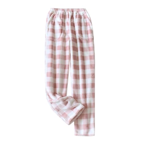 Schlafanzughose Damen Lang Flauschig Plüsch, Thermo Flanell Pyjamahose Winter Warm, Kuschelhose Damen Karierte Schlafhose Fleece Pyjama Hose mit Taschen, Lässig Fleecehose Weich Nachtwäsche von SKFLABOOF