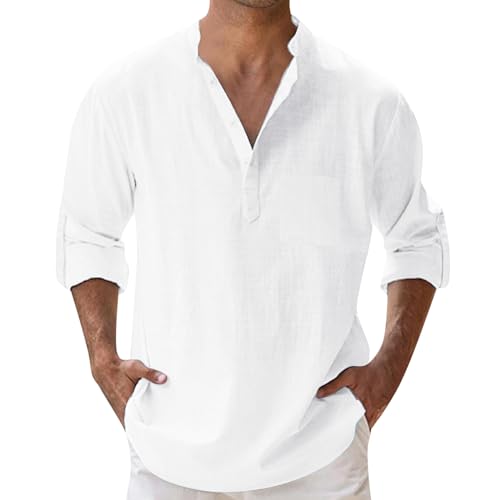 Sommerhemd Herren | Langarm Leicht und Luftig Bügelfrei Slim Fit Freizeithemd Sommer Lang Stehkragen Leinenhemd Baumwolle Herrenhemden Casual mit/Ohne Tasche Men Shirts F (001l Weiß, L) von SKFLABOOF