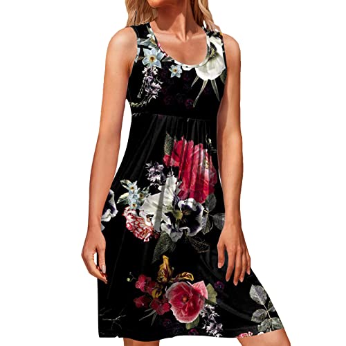 Sommerkleid Damen Knielang Sommer Boho Strandkleider Sommerkleid Blumenkleid Leicht Knielang Elegant Blusenkleid Tunika Midi Mode Kleider Kurz Trägerkleid Somerkleider Grün Für Frauen Midikleid von SKFLABOOF