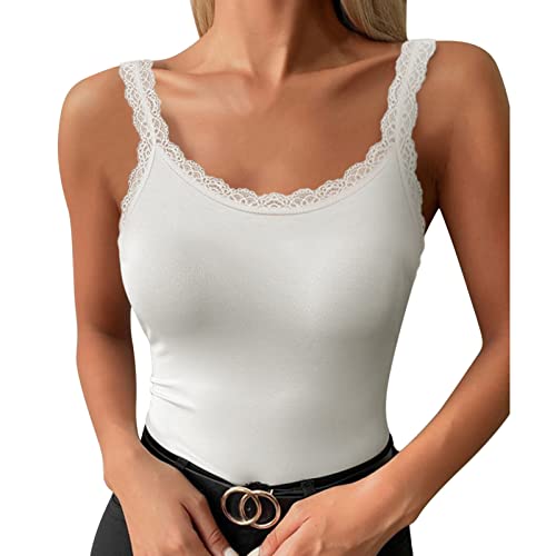 Spaghettiträger Top Damen Sommer Gerippt Rundhals Tank Top Basic Einfarbig Slim Fit Stretch Top Weiß 3XL von SKFLABOOF
