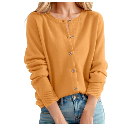 Strickjacke Damen Strickmantel Frühling Sommer Jacke Women Übergangsjacke Vintage Cardigan Oversize Top Pullover Strickweste Casual Outfit Elegant Sweater Gelb L von SKFLABOOF