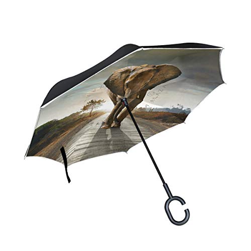 SKYDA Doppelschichtiger, umgekehrter Regenschirm mit Elefantenmotiv, winddichter Regenschirm für Auto und Regen im Freien mit C-förmigem Griff von SKYDA