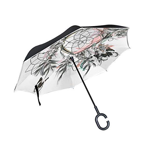 SKYDA Umkehr-Regenschirm, faltbar, mit Schmetterlingen und Federn, umgekehrte Regenschirme, doppellagig, Winddicht, Regenschirm für Auto und Regen im Freien, mit C-förmigem Griff von SKYDA