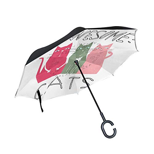Skyda Umkehr-Regenschirm, umkehrbar, mit Katzenmotiv, doppelschichtig, winddicht, Regenschirm für Auto und Regen im Freien, mit C-förmigem Griff von SKYDA