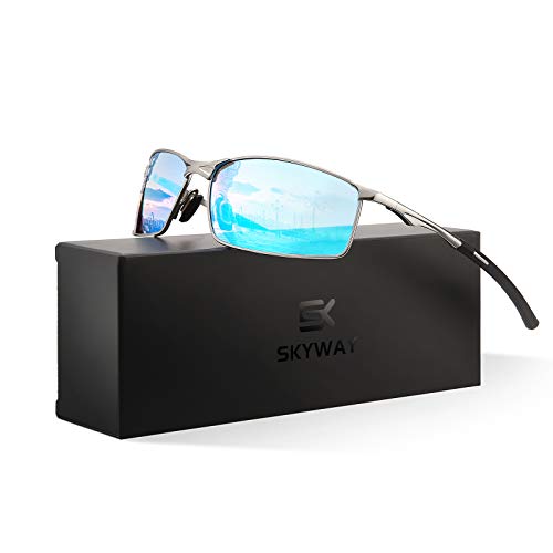 SKYWAY Herren Sonnenbrille Polarisiert für Outdoor-Sportarten, Metallrahmen Radsportbrille Fahrradbrille UV400 Schutz, Blendschutz, Reduzieren Augenbelastung, Blaue Sonnenbrille von SKYWAY