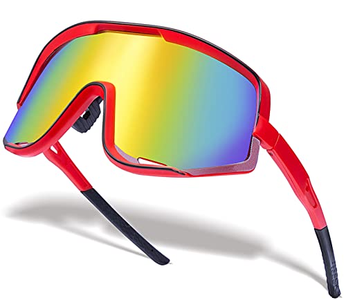 SKYWAY Radsport Sonnenbrille Herren Damen, Wrap-Around-Sonnenbrille für Laufen, Radfahren, Softball, Baseball, MTB, UV-Schutz （ROT von SKYWAY