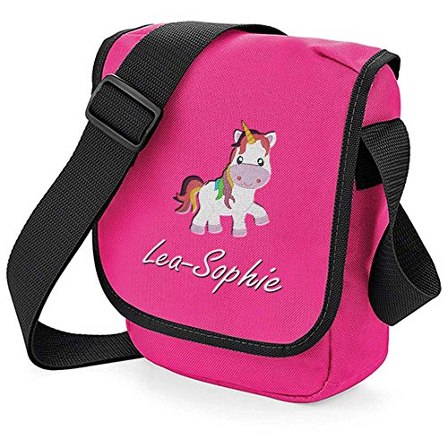 Kindergartentasche Tasche 23x17 cm Bestickt mit Namen Motiwahl Einhorn Feuerwehrmann Polizist Feuerwehrauto Zauberer Fußball Drache Pferd Baby Eulen (pink/schwarz) von SL-Store GbR