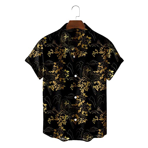 Hemden Herren Kurzarm, Vintage Fashion Golden Flower Print Schwarz Herren Kurzarm Strandhemd Button Down Sommer Casual T-Shirt Shirts Schnelltrocknend Holiday Party Aloha Shirt Top,XL von SLEA