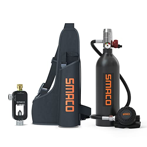 SMACO Tauchflasche 1L Tauch-Sauerstoffflasche Mit Tauchadapter Unterstützen Sie 15-20 Mins Unterwasseratmung(Nicht Mehr als 30m) Wird zum Tauchen von Sightseeing/Backup-Luftquelle Verwendet, Schwarz von SMACO