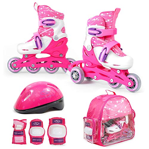 SMJ Kinder Mädchen Set 2in1 Inliner Rollschuhe VERSTELLBAR Inline Skates mit LED Rollen + Schonerset + Helm + Tasche (30-33) von SMJ sport