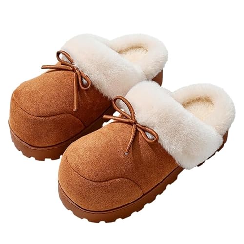 SMMZRF Clogs Damen Winter Mode-Mode-Bogen Dicker Baumwollschuhe Nicht rutschfeste Warme Plüsch-Heimschuhe-Braun-38-39 von SMMZRF