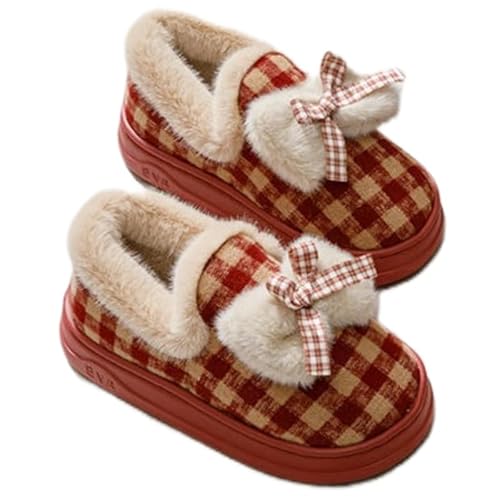 SMMZRF Clogs Herbst Und Winter Plüsch Hausschuhe Warme Weiche Sohle Damen Bogen Baumwollschuhe-Rot-38-39 von SMMZRF