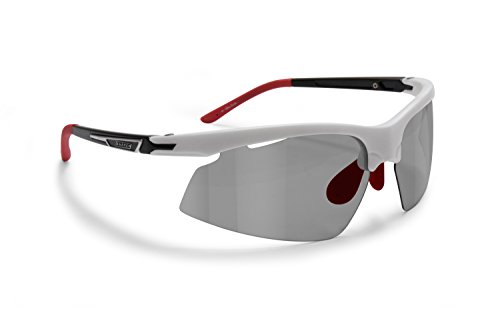 Snatch Radbrille Selbsttönend Polarisiert - Fahrradbrille Photochrome Sportbrille Sonnenbrille Ski Laufen Golf Running Earthquake by Italy (Matt Schwarz/Shiny Weiß/Red, Photochromen Polarisierten) von Snatch
