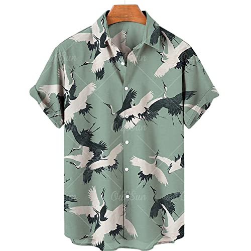 Herren Hawaii Hemd,Beach Casual Hawaii Shirt, Red Crowned Crane Pattern 3D Print Green Button Up Shirt, Herren Sommermode Shirt Für Strandspiel Und Alltagskleidung,L von SNPP