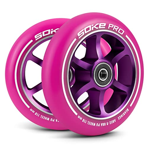 SOKE Rollerräder Set 2 Stück Durchmesser 110 mm Achse 8 mm Kugellager ABEC 9 Härte 88A Aluminium und PU für harte Oberflächen Pink von SOKE