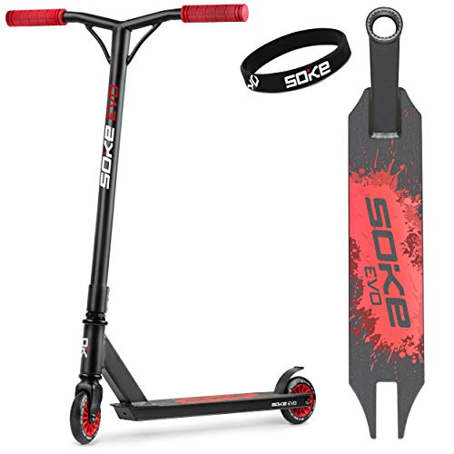 SOKE Evo Stunt Scooter für Extreme Skateparkfahrten – ABEC-9 Carbonlager aus verchromtem Stahl – PU-Räder 88A – Y-Bar-Lenker mit TPR-Griffen – Aluminium-Deck rot von SOKE