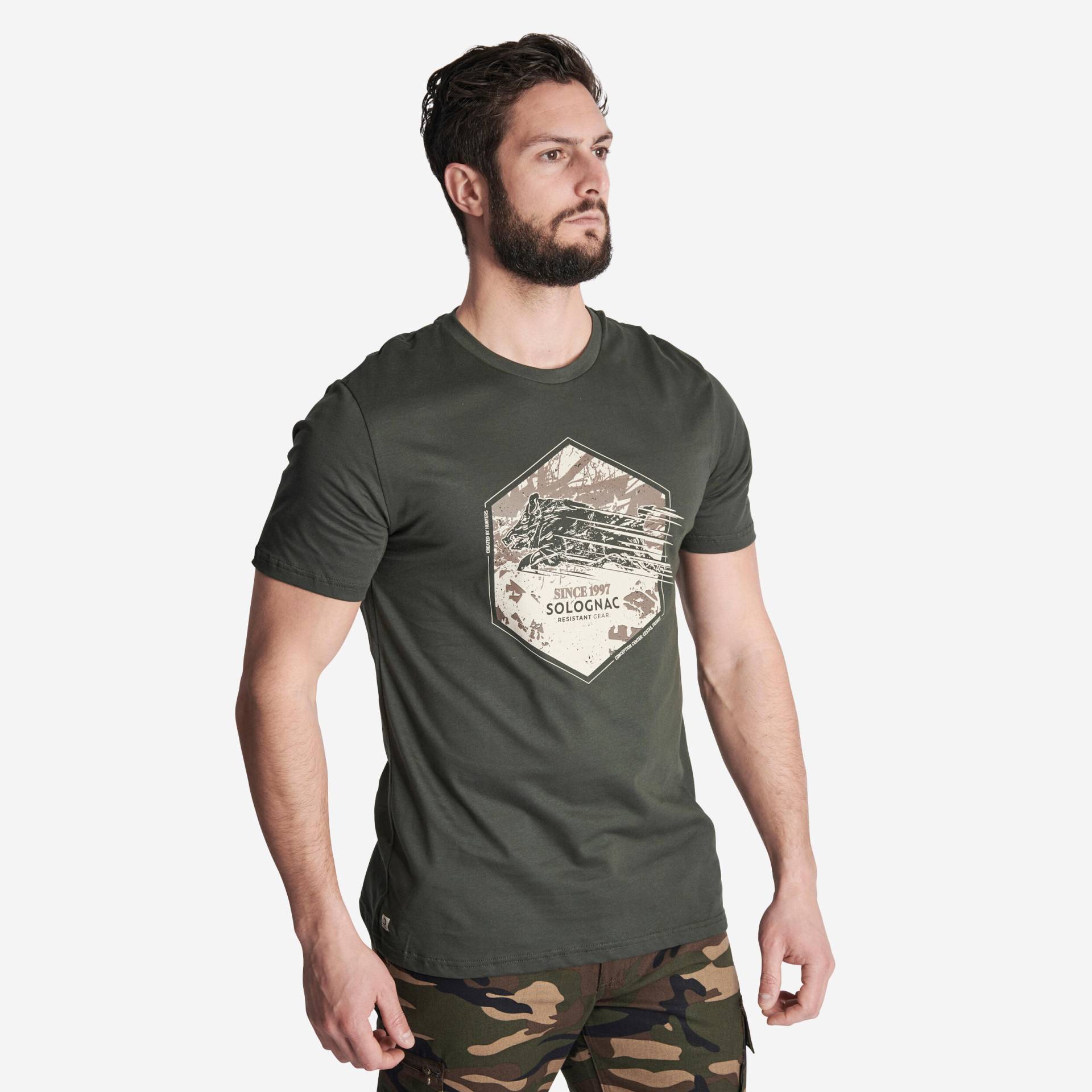 T-Shirt 100 Jagd kurzarm Baumwolle - Wildschwein grün von SOLOGNAC