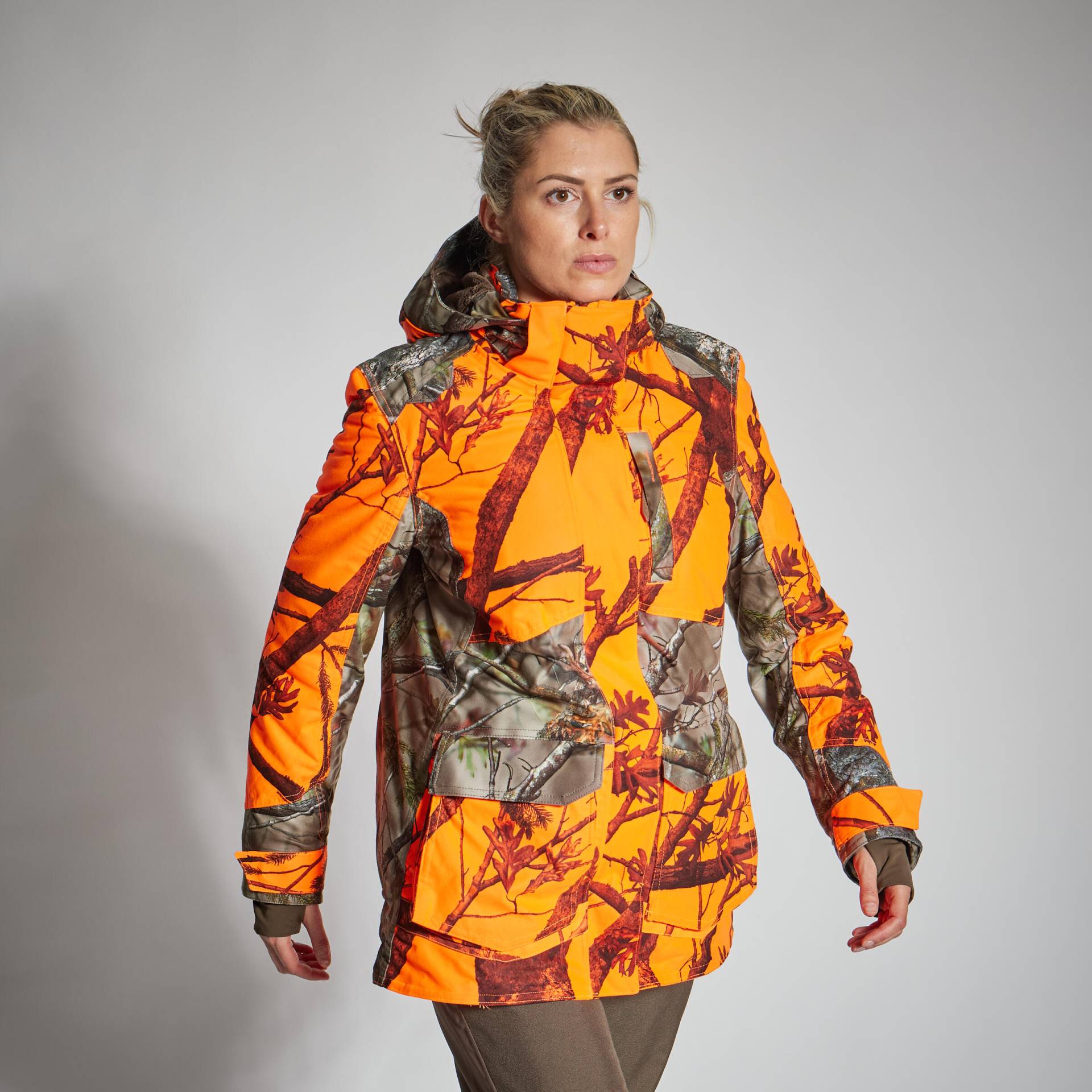 Jagdjacke Regenjacke 500 Damen 3-in-1 warm geräuscharm camouflage/orange von SOLOGNAC