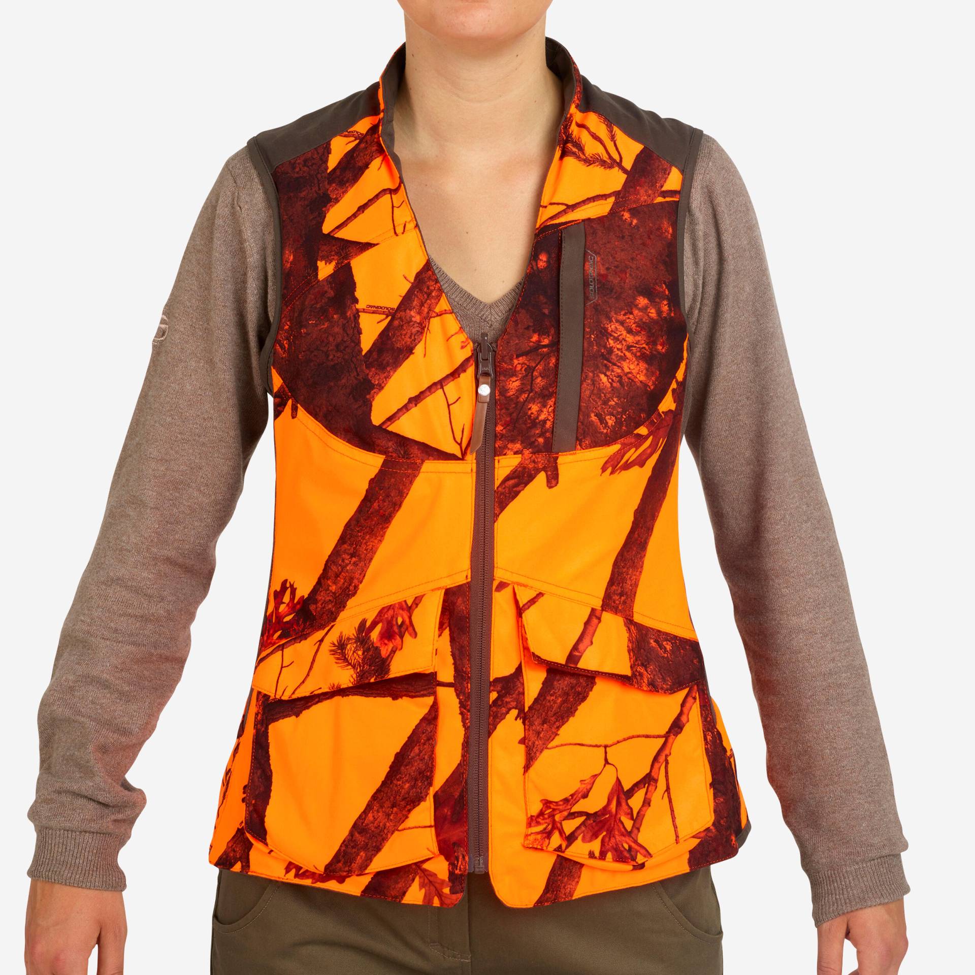 Jagdweste Damen 500 wendbar braun, camouflage / orange von SOLOGNAC