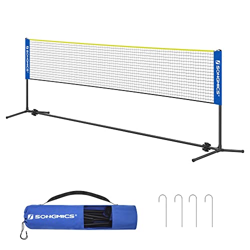 SONGMICS Badmintonnetz 4 m, Federballnetz, Volleyballnetz mit höhenverstellbaren Stangen, tragbares Netz für Beachvolleyball, für Garten, Park, im Freien, blau-gelb SYQ400Q02 von SONGMICS