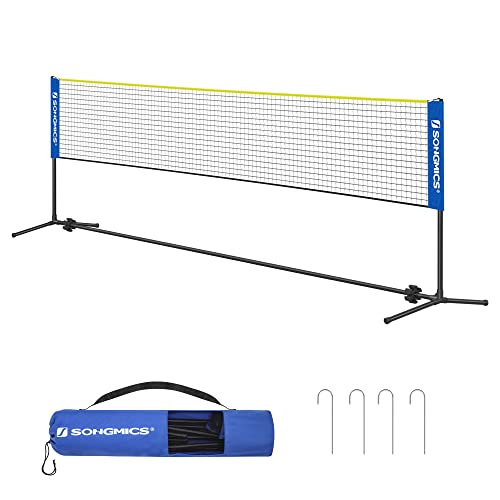 SONGMICS Badmintonnetz 5 m, Federballnetz, Volleyballnetz mit höhenverstellbaren Stangen, tragbares Netz für Beachvolleyball, für Garten, Park, im Freien, blau-gelb SYQ500Q02 von SONGMICS