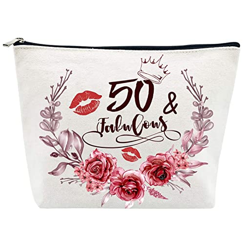 SOSPIRO Make-up-Taschen für Frauen zum 50. Geburtstag, Leinen-Kosmetiktaschen, Make-up-Tasche, Reißverschlusstasche, Reise-Kosmetik-Organizer, Partyzubehör zum 50. Geschenk für sie, beige von SOSPIRO