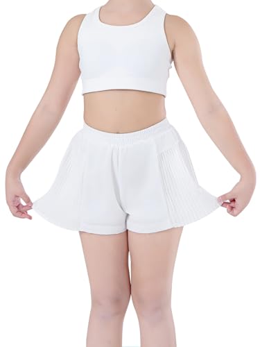 SPFASZEIV Shorts Mädchen Kurze Hose Sporthose mit Taschen Tennishose Kinder 2 in 1 Sommer Laufshorts 13-15 Jahre Weiß von SPFASZEIV