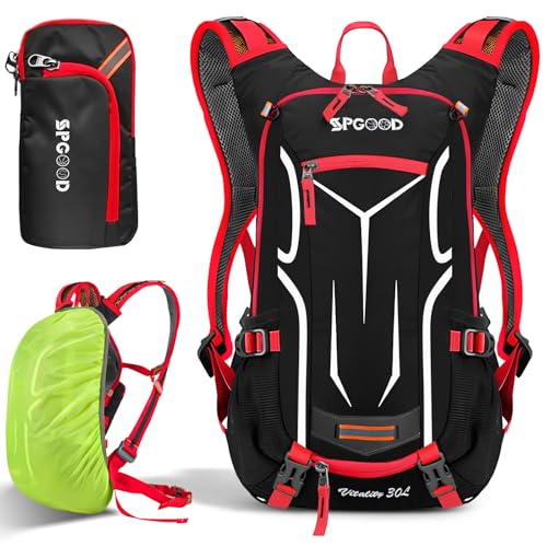 SPGOOD Fahrradrucksack 20L/25L/30L (9 Farben)-Wasserdichter Ultraleicht-für Damen & Herren Multifunktionaler-mit Regenschutzkappe/Helmabdeckung Rucksäcke MTB Mountainbike (Rot schwarz, 30L) von SPGOOD