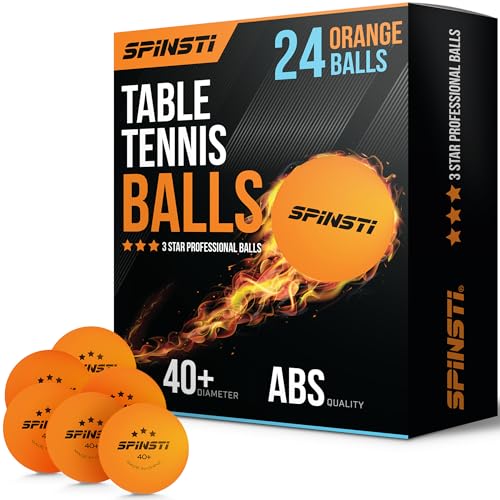 SPINSTI 24 orangefarbene Tischtennisbälle, 3-Sterne-ABS-Qualität, 40+ professionelle Bälle für Indoor- und Outdoor-Sportarten. Sphärisches, zelluloidfreies Design für verbesserte Leistung von SPINSTI
