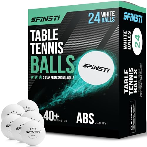 SPINSTI 24 weiße Tischtennisbälle, 3-Sterne-ABS-Qualität, 40+ professionelle Bälle für Indoor- und Outdoor-Sportarten. Sphärisches, zelluloidfreies Design für verbesserte Leistung von SPINSTI