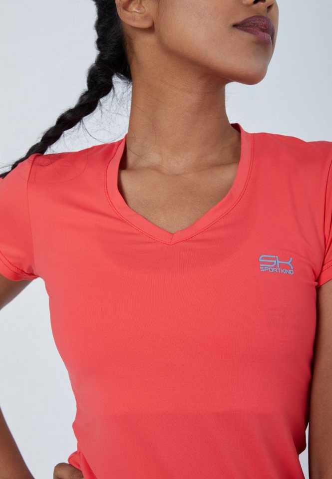 SPORTKIND Funktionsshirt Tennis T-Shirt V-Ausschnitt Damen & Mädchen pfirsich von SPORTKIND