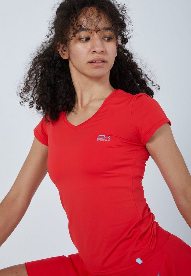 SPORTKIND Funktionsshirt Tennis T-Shirt V-Ausschnitt Damen & Mädchen rot von SPORTKIND