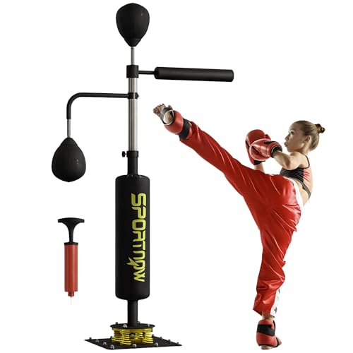 SPORTNOW Boxsack freistehend 140-205cm aufblasbarer Standboxsack mit Pumpe, Saugfuß 2 Reflexsbälle Punchingball Set höhenverstellbar Kickboxsack Boxing Trainer für Erwachsene Jugendliche Krafttraining von SPORTNOW