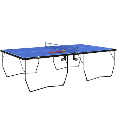 SPORTNOW Tischtennisplatte, Klappbar Tischtennistsich mit Netz, Rollen, 2 Tischtennisschlägern und 3 Bällen, Stahl, Blau, 274 x 152,5 x 76 cm von SPORTNOW
