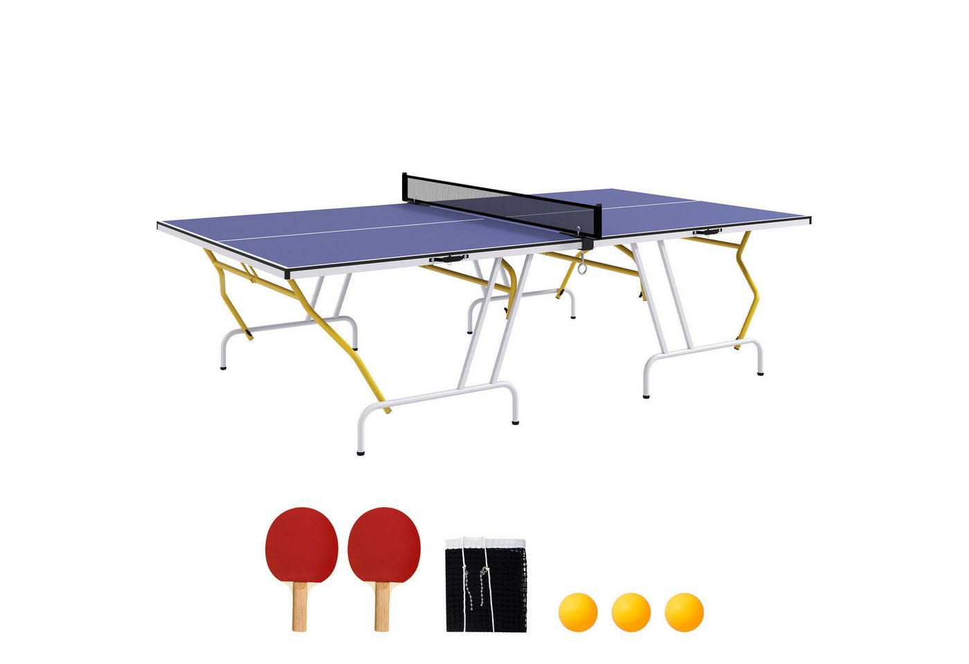SPORTNOW Tischtennisplatte Klappbar, mit Tischtennisnetz, 2 Tischtennisschlägern, 3 Bällen (Tischtennistisch, 1-tlg., Spieltisch), mit Stahlrahmen, Blau von SPORTNOW