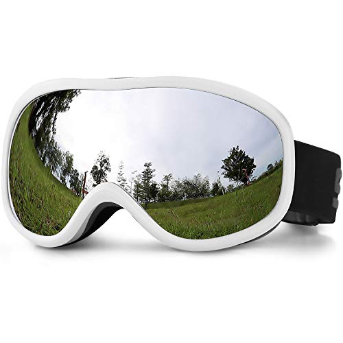 SPOSUNE Skibrille 100 % UV400-Schutz, Skibrille mit Antibeschlag, kugelförmige Doppelscheibe, winddicht, stoßfest, Helmkompatibel, White frame + Silver mirror Lens VLT 7-10% von SPOSUNE