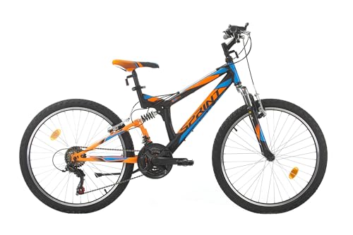 SPRINT Element 24 Zoll Kinderfahrrad Mountainbike, Vollfederung, V-Bremsen, 18-Gang-Schaltung (Schwarz Orange) von SPRINT