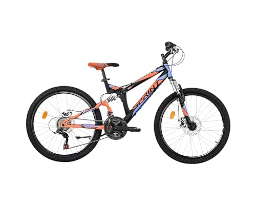 SPRINT Element 24 Zoll Vollfederung Mountainbike, Kinderfahrrad Jungen, Mädchen, Doppelscheibenbremse, Shimano 18 Gang (Orange mit Türkis) von SPRINT