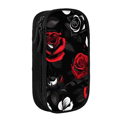 SSIMOO Schwarze weiße und rote Rosen, Oxford-Stoff, Schreibwaren-Aufbewahrungstasche – Federmäppchen mit Reißverschluss, ideal für Reisen von SSIMOO