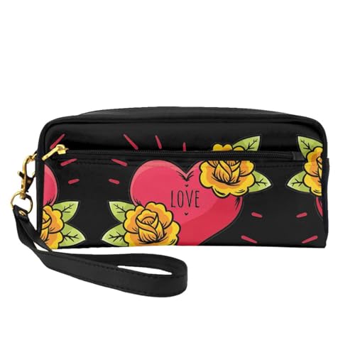 SSIMOO Tragbare Make-up-Tasche mit Karates-Aufdruck, perfekter Reisebegleiter, entworfen für mehrere Anwendungen, Herz und Blumen, Einheitsgröße von SSIMOO