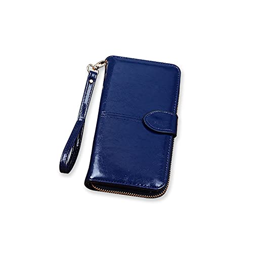 SSWERWEQ Geldbeutel Damen Damen Wachs Leder Brieftasche Große Kapazität Schnalle Reißverschluss Lange Armband Kupplung Kartenhalter (Color : Blue) von SSWERWEQ