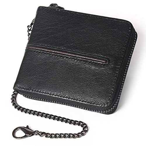 SSWERWEQ Geldbeutel Damen Wallet Genuine Leather Purse Male Short Wallet with Chain and Coin Card Bags Cow Leather (Color : Black) von SSWERWEQ